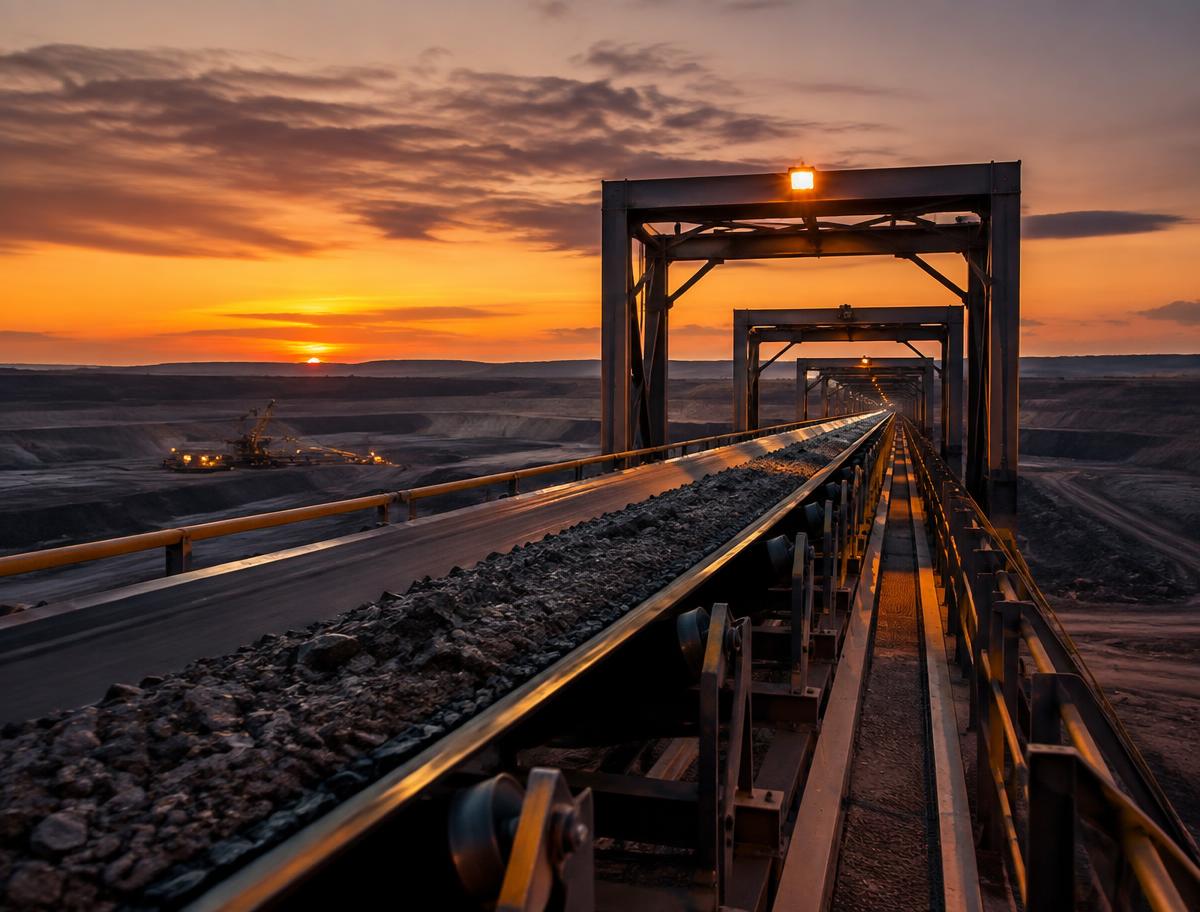 Overland conveyor carrying crushed ore across a mine site at dusk