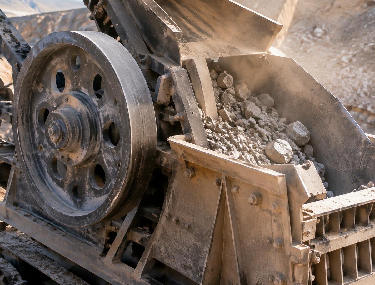 Jaw crusher flywheel and feed chute with crushed rock at a mine site