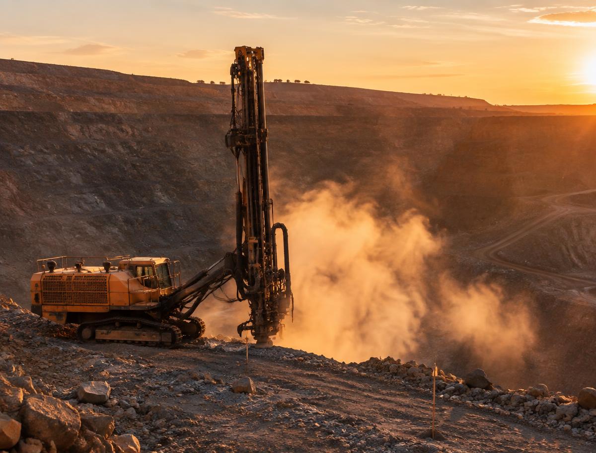 Blast hole drilling rig working a mine bench at sunset