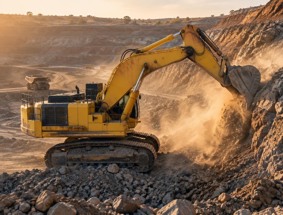 Hydraulic excavator working a rock face in an open pit