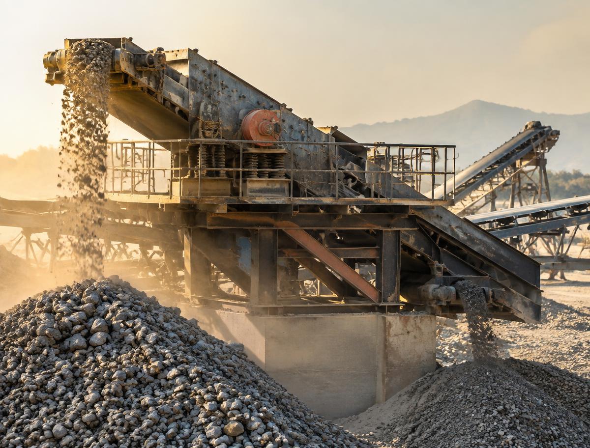 Vibrating screen deck separating crushed rock into sized stockpiles