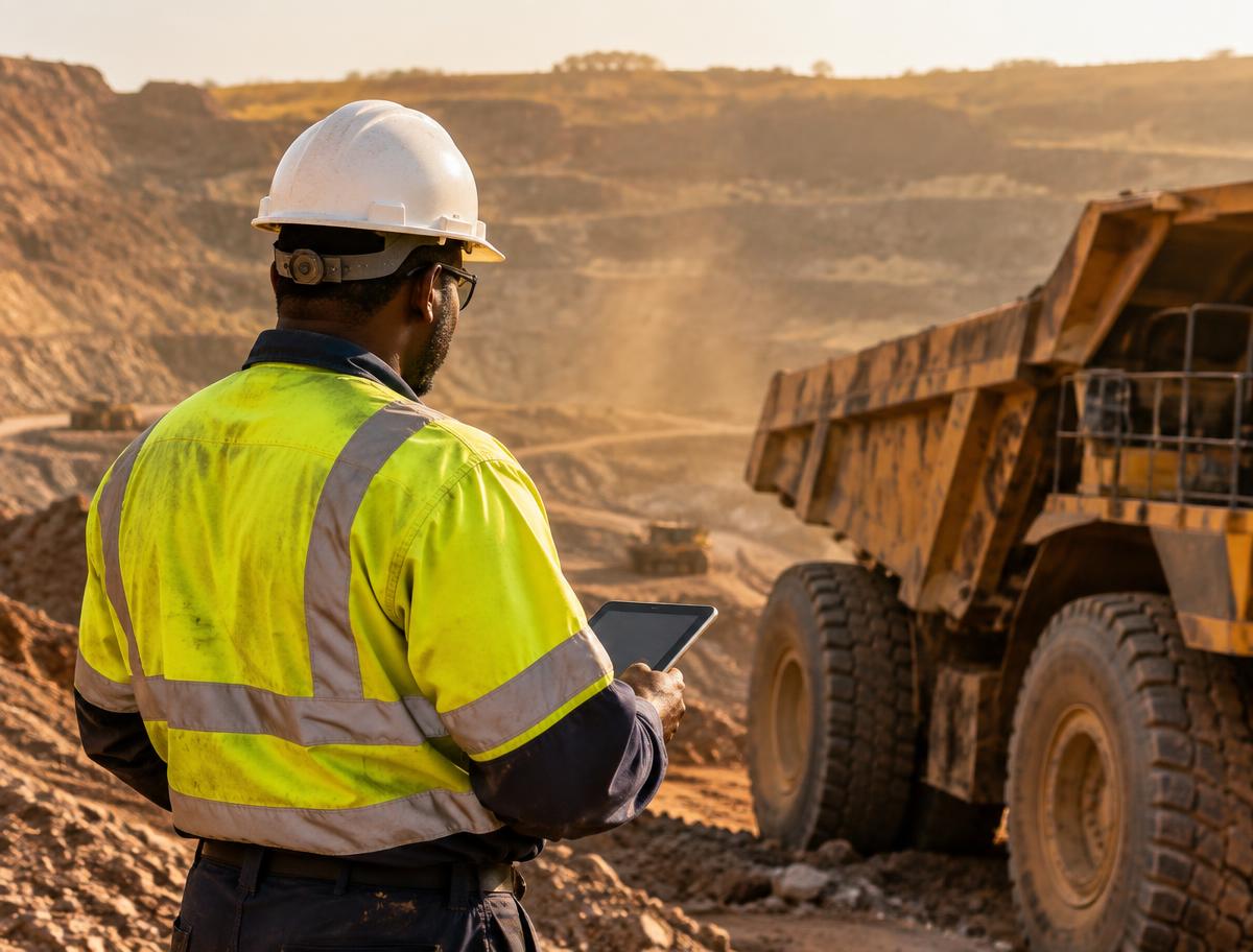 Mining supervisor in hard hat and high-visibility clothing reviewing operations beside a haul truck